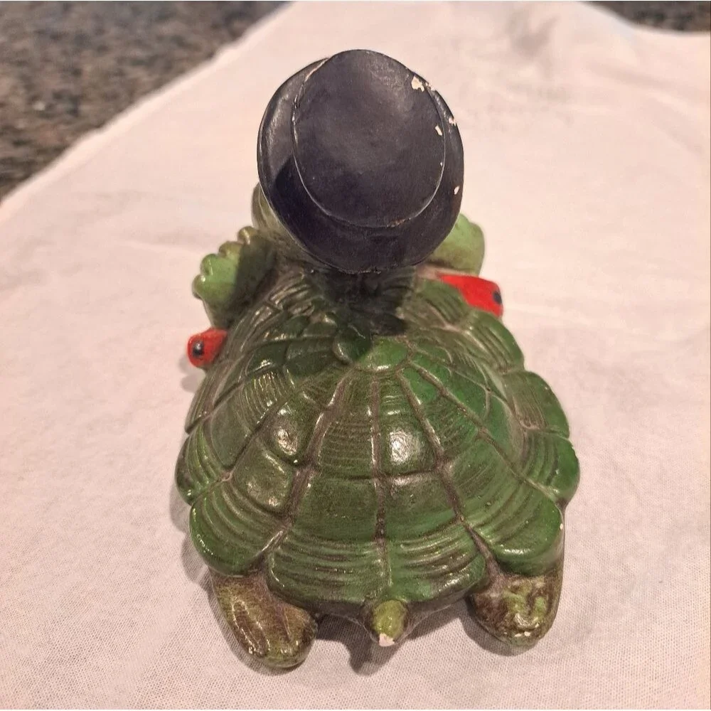 Vintage ceramic art turtle statue figurine with top hat and bow tie cottagecore